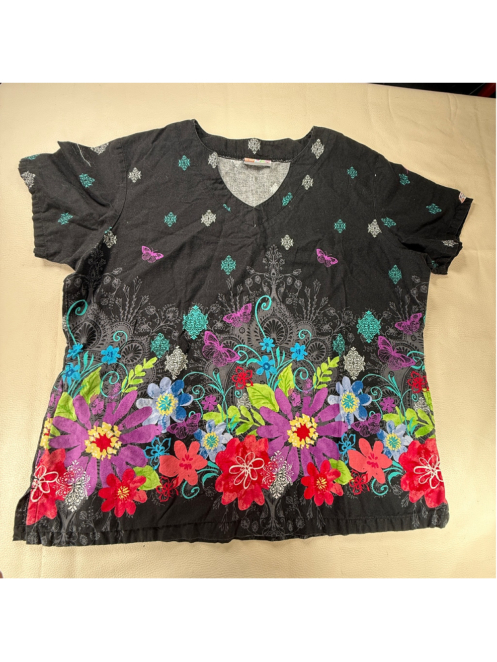 UA Scrubs Women’s Floral Butterfly V Neck Scrub Top Black Colorful Plus Size